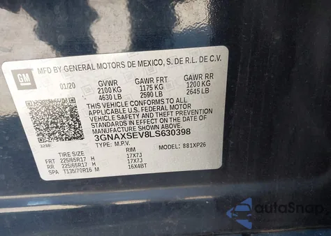 2020 Chevrolet Equinox Awd Ls из США, поврежденный, VIN 3GNAXSEV8LS630398